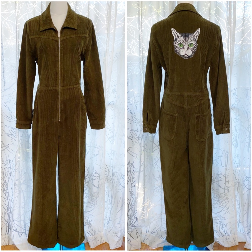 REFORMATION AARON GREEN CORDUROY COLLARED LONG SLEEVE ZIP UP JUMPSUIT